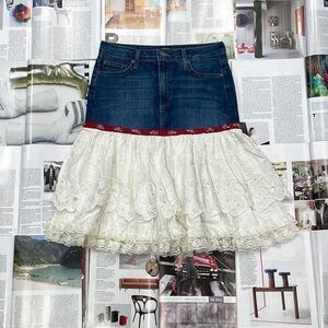 Reworked & handmade dark wash + red & white midi skirt size M/30
